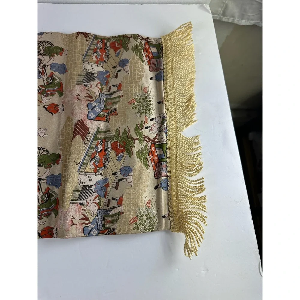Vintage Japanese Silk Brocade‎ Table Runner Gold Metallic Court Scene B-8